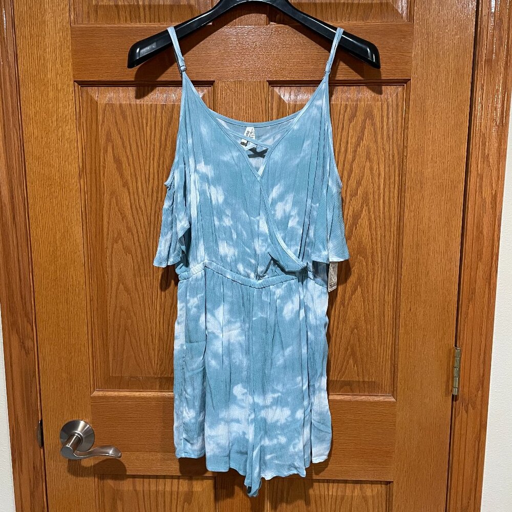 MUDD Womens S Blue Tie Dye Cold Shoulder Y2K Preppy Boho Summer Short Romper NWT